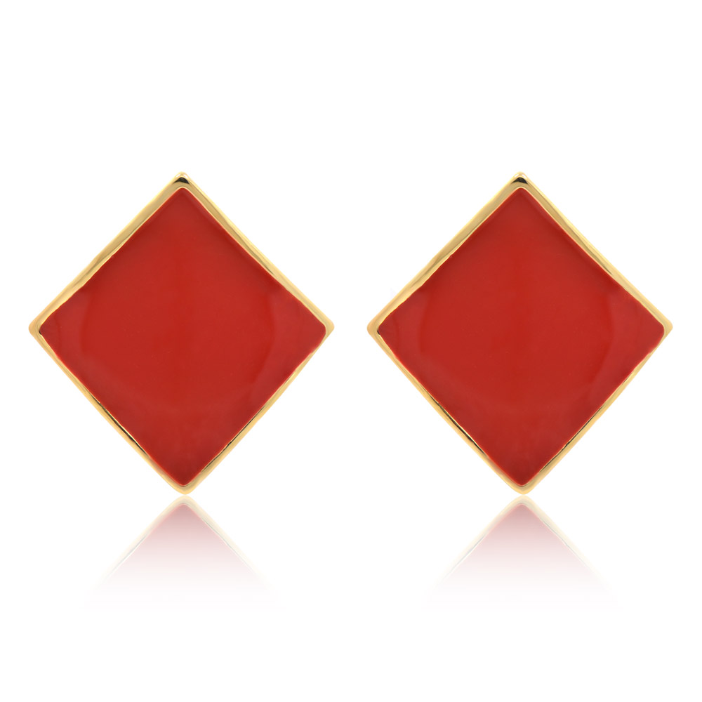 Square Enamel Geometry Earrings - Hot Red